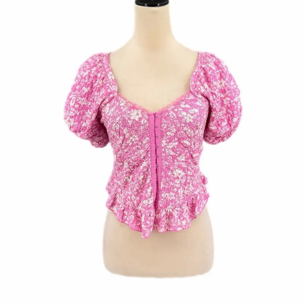 Free People Oh Baby Pink White Corset Puff Sleeve Ruffle Lace Eyelet Blouse Top